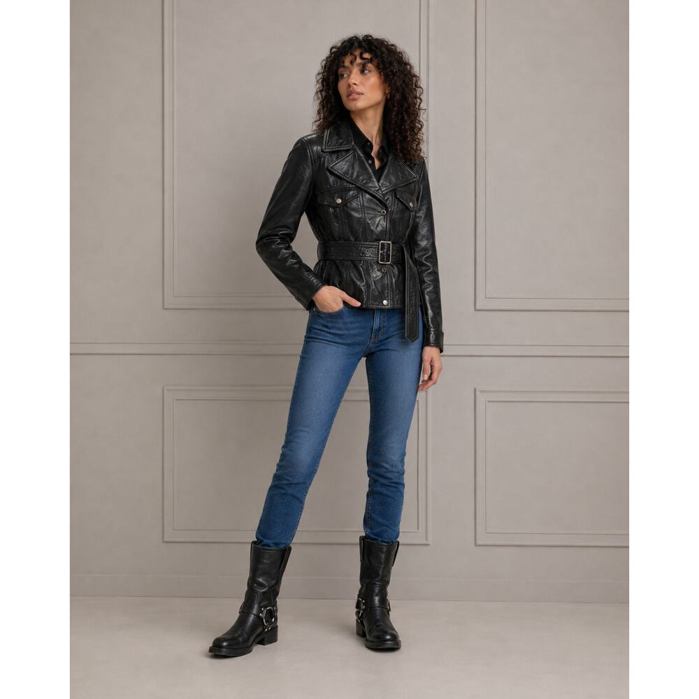 Pelle Studio Women’s Black Leather Biker Jacket Size XL Belted Moto Jacket
